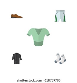 Flat Clothes Set Of Foot Textile, Casual, Trunks Cloth And Other Vector Objects. Also Includes Shoe, Blouse, Trunks Elements.