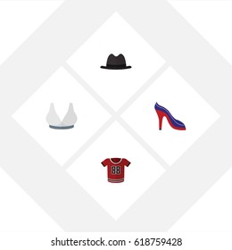 Flat Clothes Set Of Heeled Shoe, Panama, Brasserie And Other Vector Objects. Also Includes Sport, Panama, Breast Elements.