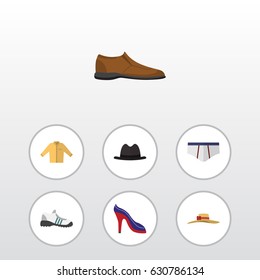Flat Clothes Set Of Heeled Shoe, Sneakers, Male Footware And Other Vector Objects. Also Includes Shirt, Banyan, Briefs Elements.