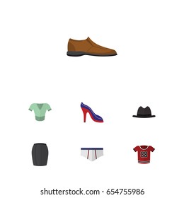 Flat Clothes Set Of Heeled Shoe, Stylish Apparel, T-Shirt And Other Vector Objects. Also Includes Apparel, Heeled, Underwear Elements.