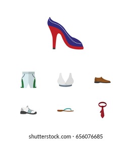 Flat Clothes Set Of Heeled Shoe, Sneakers, Brasserie And Other Vector Objects. Also Includes Bra, Flop, Man Elements.