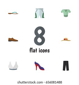 Flat Clothes Set Of Heeled Shoe, Male Footware, Trunks Cloth And Other Vector Objects. Also Includes Clothes, Blouse, Shoe Elements.