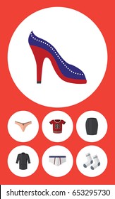 Flat Clothes Set Of Lingerie, Underclothes, T-Shirt And Other Vector Objects. Also Includes Woman, Socks, Briefs Elements.