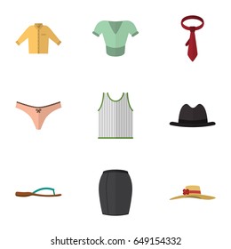 Flat Clothes Set Of Panama, Beach Sandal, Singlet Vector Objects. Also Includes Skirt, Sleeveless, Headgear Elements.