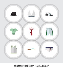 Flat Clothes Set Of Panama, Underclothes, Trunks Cloth And Other Vector Objects. Also Includes Clothes, Underwear, Sleeveless Elements.