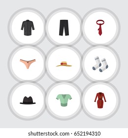 Flat Clothes Set Of Clothes, Pants, Foot Textile And Other Vector Objects. Also Includes Foot, Socks, Cravat Elements.