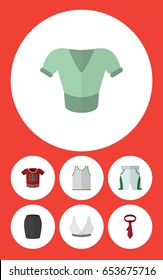 Flat Clothes Set Of Singlet, Casual, T-Shirt And Other Vector Objects. Also Includes Shirt, Apparel, Cravat Elements.