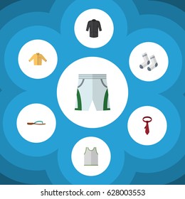 Flat Clothes Set Of Singlet, Trunks Cloth, Beach Sandal Vector Objects. Also Includes Flop, Necktie, Man Elements.