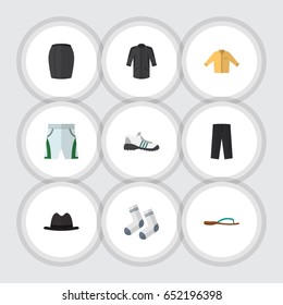 Flat Clothes Set Of Sneakers, Beach Sandal, Panama Vector Objects. Also Includes Trousers, Foot, Uniform Elements.