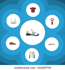 Flat Clothes Set Of Sneakers, Trunks Cloth, Beach Sandal Vector Objects. Also Includes Man, Cloth, Trunks Elements.