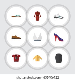 Flat Clothes Set Of Stylish Apparel, Banyan, Male Footware And Other Vector Objects. Also Includes Uniform, Footware, Woman Elements.