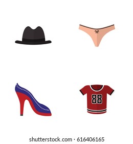 Flat Clothes Set Of T-Shirt, Panama, Heeled Shoe And Other Vector Objects. Also Includes Hat, Fedora 