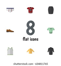 Flat Clothes Set Of Underclothes, Singlet, Male Footware And Other Vector Objects. Also Includes Man, Woman, Clothes Elements.