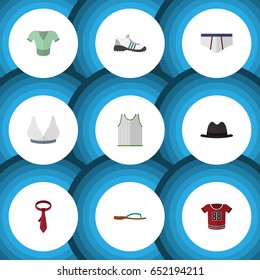 Flat Clothes Set Of Underclothes, Sneakers, T-Shirt And Other Vector Objects. Also Includes Sneakers, Breast, Flip Elements.