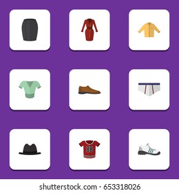 Flat Clothes Set Of Underclothes, Clothes, T-Shirt And Other Vector Objects. Also Includes Apparel, Shoe, Man Elements.