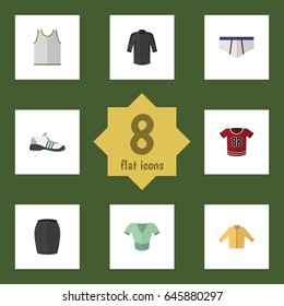 Flat Clothes Set Of Underclothes, Uniform, Stylish Apparel And Other Vector Objects. Also Includes Gumshoes, Banyan, Clothes Elements.