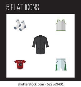 Flat Clothes Set Of Uniform, Foot Textile, T-Shirt And Other Vector Objects. Also Includes Kimono, Textile, Foot Elements.