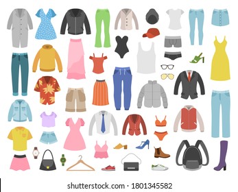 Flat clothes. Women and men fashion modern outfits collection, footwear and bags, basic style clothes, underwear and accessories, modern casual wardrobe, shopping vector isolated set