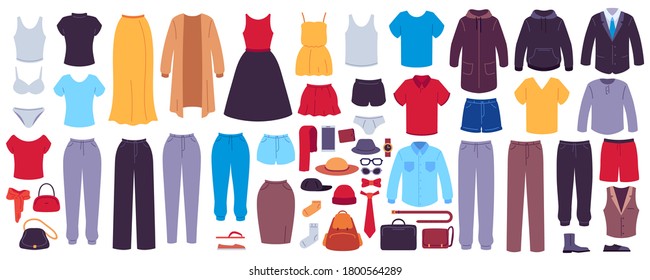 Flat clothes. Women and men garments, accessories, footwear and bags, fashion seasonal wardrobe, modern casual outfits showroom, vector set. Underwear, outerwear for female and male characters