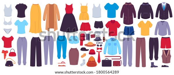 Flat clothes. Women and men garments,
accessories, footwear and bags, fashion seasonal wardrobe, modern
casual outfits showroom, vector set. Underwear, outerwear for
female and male
characters