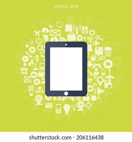 Flat cloud computing background. Data storage network technology. Multimedia content and web sites hosting.