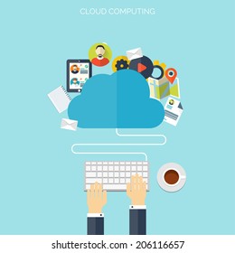 Flat cloud computing background. Data storage network technology. Multimedia content and web sites hosting.