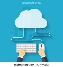 Flat cloud computing background. Data storage network technology. Multimedia content and web sites hosting.