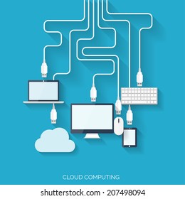 Flat cloud computing background. Data storage network technology. Multimedia content and web sites hosting.