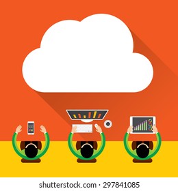 Flat cloud computing background. Data storage network technology, Digital Marketing Concept, Multimedia content and web sites hosting