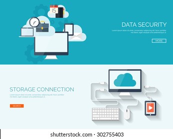 Flat cloud computing background. Data storage and virtual hosting. Information transfer. Web media server.