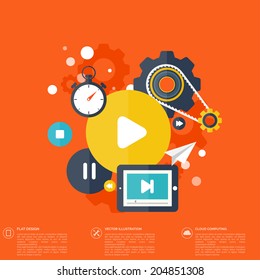 Flat cloud computing background with media icons. Data storage network technology. Multimedia content and web sites hosting.