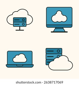 Flat cloud computing icons with servers, desktop and laptop devices in modern minimalist blue outline style