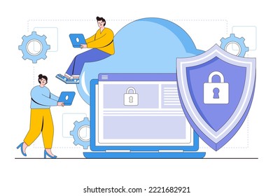 Flat cloud computing security concept with people characters. Outline design style for landing page, web banner, infographics, hero images.