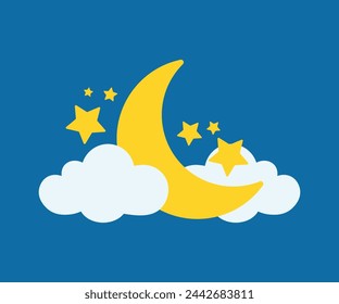 Flat Cloud, Crescent Moon, and Stars in Navy Night Sky for Sky Banner and Background Element Decoration and Children Books Illustration