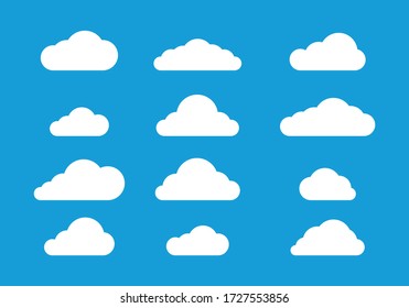 Flat Cloud Design On Blue Background, Icon Clouds Vector Set, Graphic Cloudy Concept 