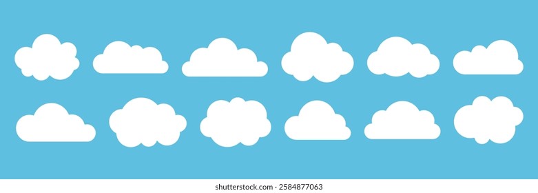 Flat cloud icon set with different shapes for digital design, weather apps, playful graphics. Simple white clouds icons. Perfect for UI elements and background decorations