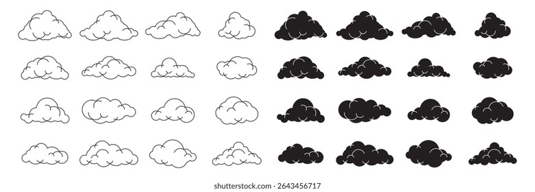 Flat cloud icon set in outline and solid style, great for app UI, weather forecast, and digital designs.