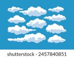 flat Cloud Icons on Blue Sky Background. white cloud symbol