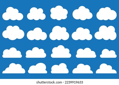 Flat cloud shape vector icon set on blue background.
