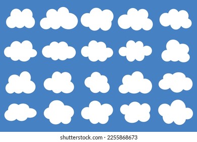 Flat cloud shape vector icon set on blue background.