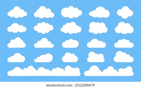 Nube plana. Sencillas Formas nubladas. Nubes blancas de dibujos animados, esponjosas y cúmulos en el cielo azul. Abstractas Elementos de Clima cómico. Objetos cloudscape para el juego. colección de Vector.