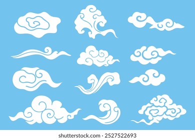 Flat cloud. Simple cloudy shapes. Cartoon white puffy, 
fluffy and cumulus clouds in blue sky. Abstract comic 
weather elements