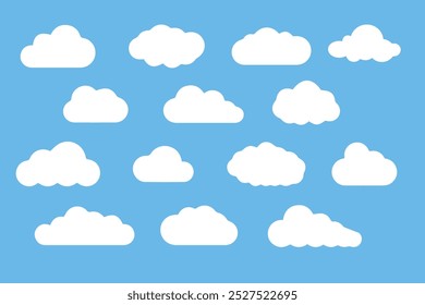 Flat cloud. Simple cloudy shapes. Cartoon white puffy, 
fluffy and cumulus clouds in blue sky. Abstract comic 
weather elements