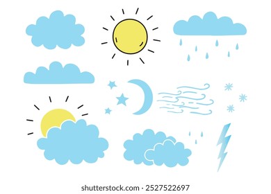 Flat cloud. Simple cloudy shapes. Cartoon white puffy, 
fluffy and cumulus clouds in blue sky. Abstract comic 
weather elements