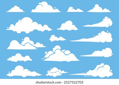 Flat cloud. Simple cloudy shapes. Cartoon white puffy, 
fluffy and cumulus clouds in blue sky. Abstract comic 
weather elements