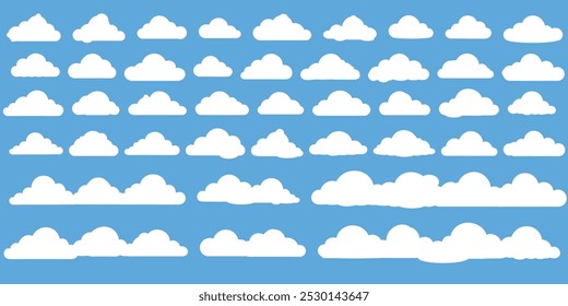 Flat cloud. Simple cloudy shapes. Cartoon white puffy, fluffy and cumulus clouds in blue sky. Abstract comic weather elements. Objects cloudscape for game. Vector collection.