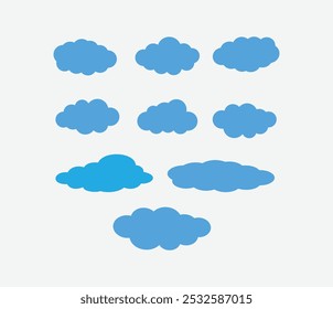 Flat cloud simple cloudy shapes cartoon blue color fluffy puffy and cumulus clouds in blue sky abstract comic weather elements