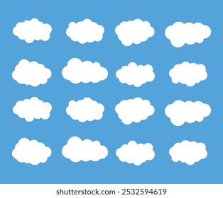 Flat cloud simple cloudy shapes cartoon blue color fluffy puffy and cumulus clouds in blue sky abstract comic multiple weather elements blue background