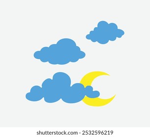 Flat cloud simple cloudy shapes cartoon blue yellow moon fluffy puffy and cumulus clouds in blue sky abstract comic weather elements