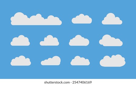 Flat cloud. Simple cloudy shapes. Cartoon white puffy, fluffy and cumulus clouds in blue sky. Abstract comic weather elements. Objects cloudscape for game. Vector collection.